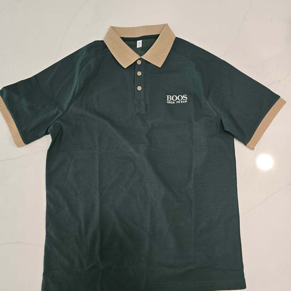 Green Short Sleeve Polo Shirt with Contrast Collar and Cuffs and Lettering Print